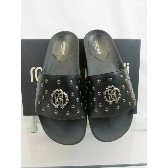 ROBERTO CAVALLI BLACK LEATHER SNAKE MEDALLION LOGO STUDS SANDAL 42.5 / 9.5 ITALY - Picture 5 of 8
